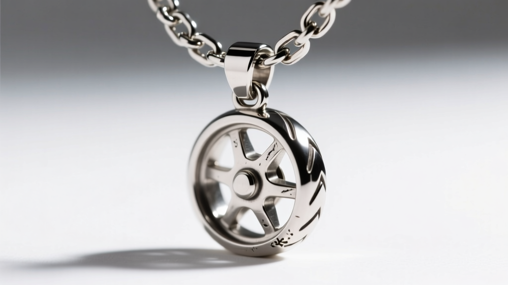 Macro shot of a 6mm Cuban link chain attached to a sterling silver motorcycle wheel pendant featuring a reinforced soldered bail.