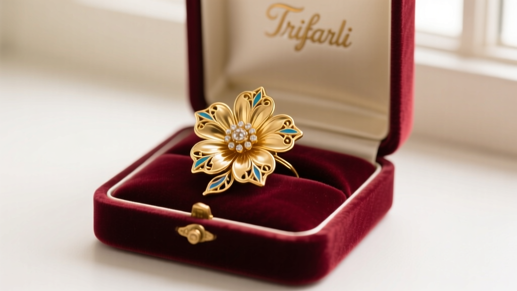 Restored 1950s Trifari gold-plated floral brooch on an open velvet gift box under soft natural lighting