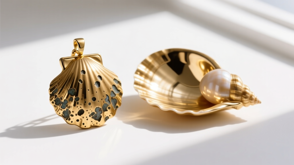 Macro photography comparing a pitted brass gold-plated scallop pendant next to a smooth, polished 14k gold cast shell