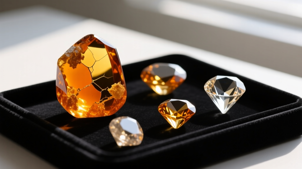 Macro photography of raw and polished orange amber and citrine gemstones resting on a dark velvet jewelry display tray.