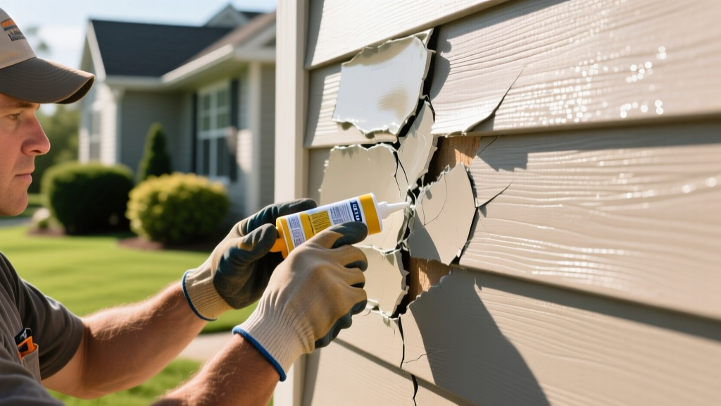 Contractor repairing cracked fiber cement siding with color-matched caulk and specialized patching compound on a sunny suburban home exterior