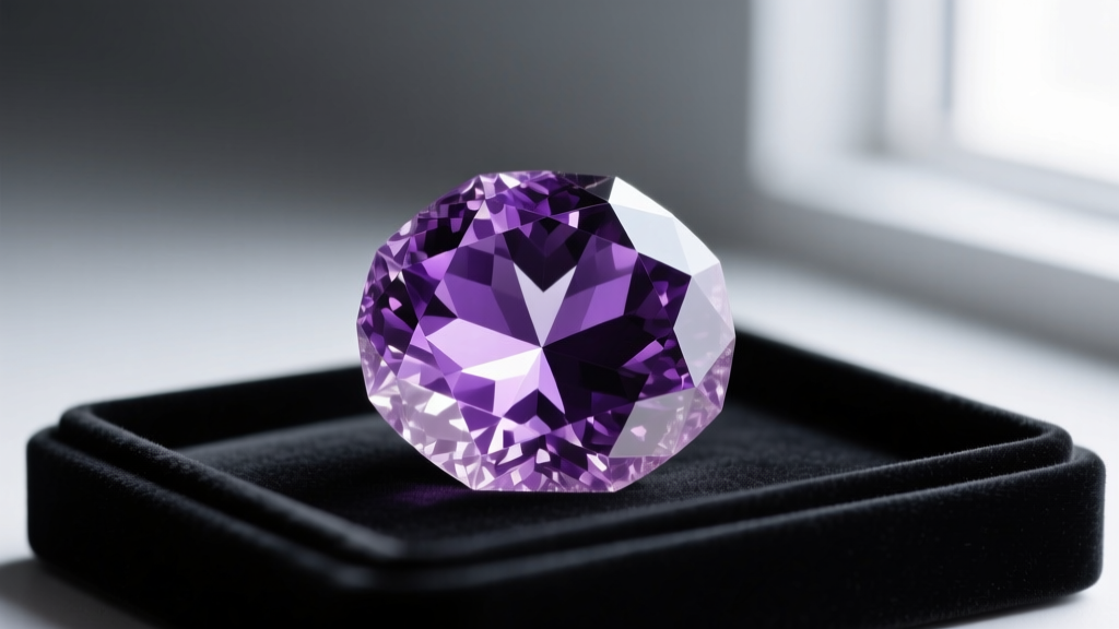 Macro shot of faceted amethyst showing natural color zoning, resting on a jeweler