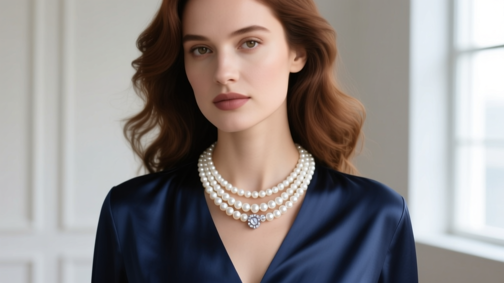 Elegant woman wearing a three-strand white akoya pearl necklace with a diamond clasp, styled over a navy silk blouse in daylight