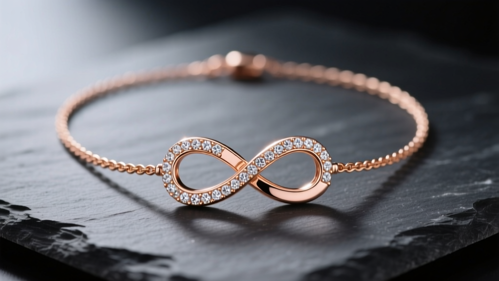 14k rose gold infinity necklace on dark slate with micro-pave diamonds and a delicate cable chain under soft directional studio light
