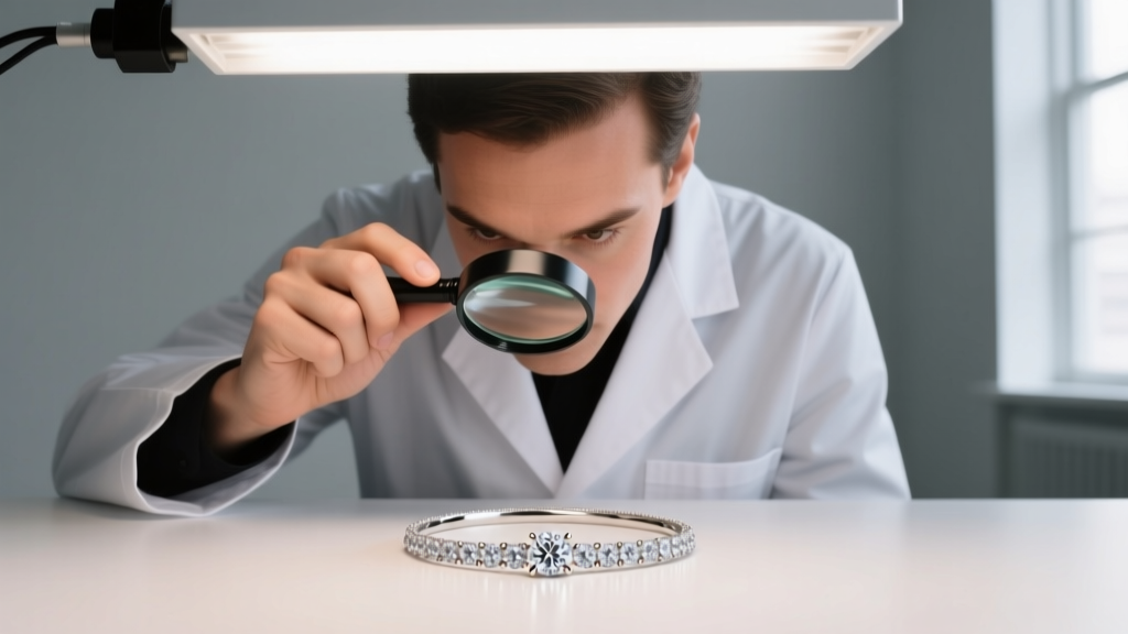Jeweler using a loupe to inspect the 0.5mm bezel wall thickness of an Elena necklace diamond setting under bright bench lighting
