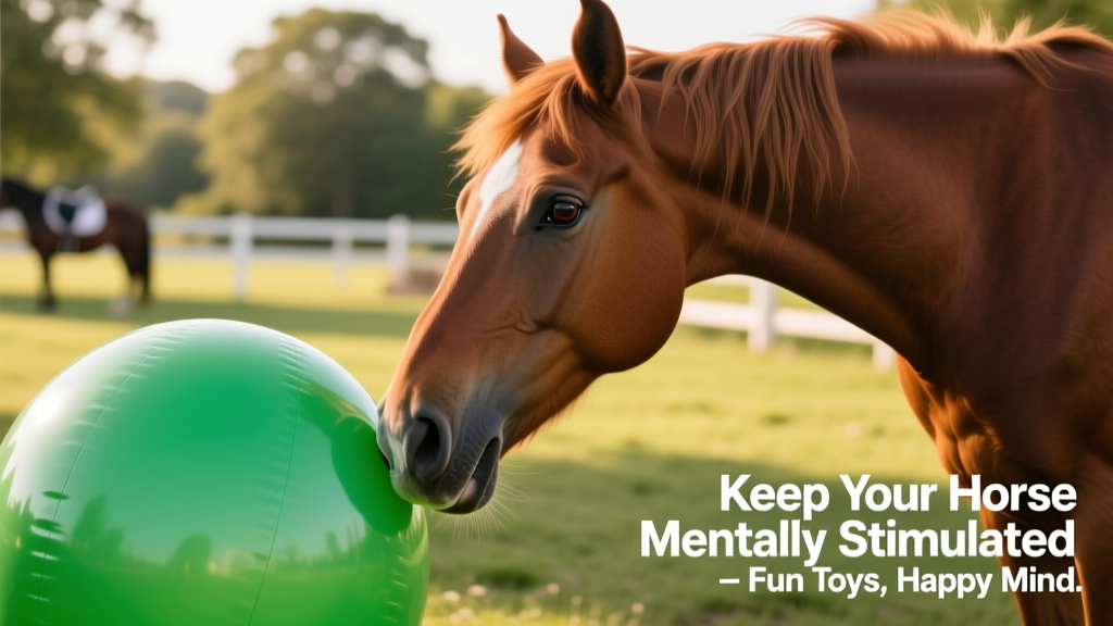 Close-up of a horse nudging a vibrant green mega ball with its muzzle