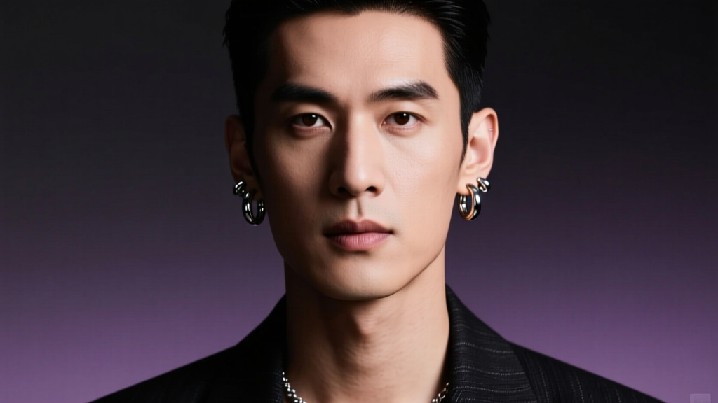 Stylish guy with earrings wearing 16-gauge titanium huggies in both ears, studio lighting against a dark moody background.