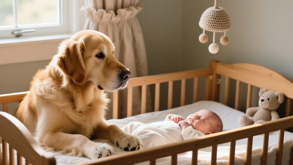 A calm, seated dog resting beside a baby’s bassinet, looking relaxed and attentive