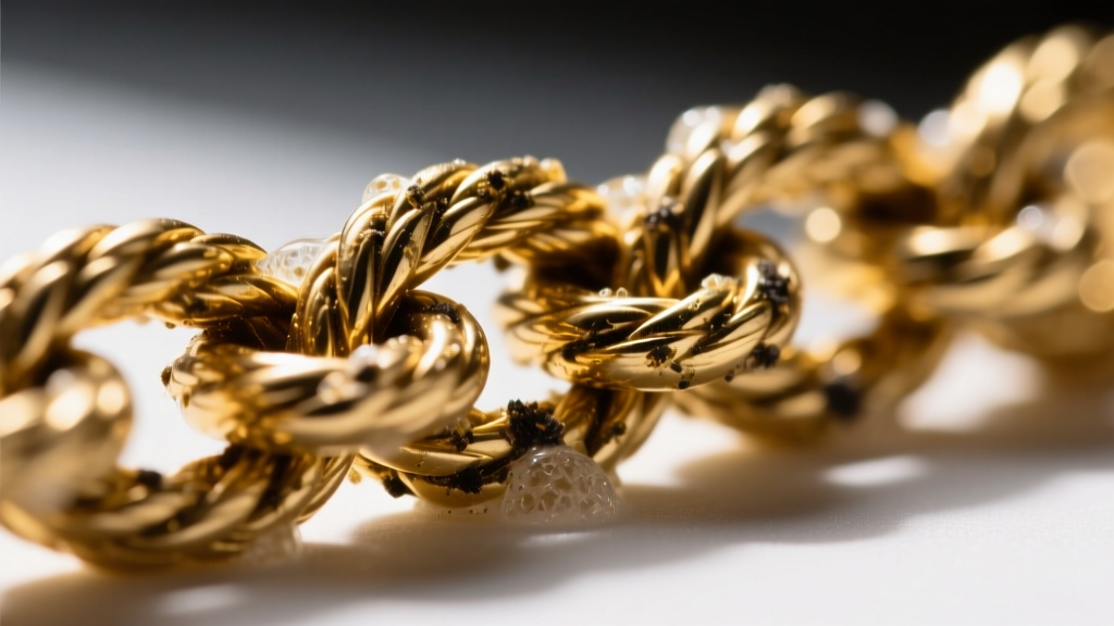 Macro close-up of grime and soap residue trapped inside the intricate interlocking links of an 18k gold rope chain.
