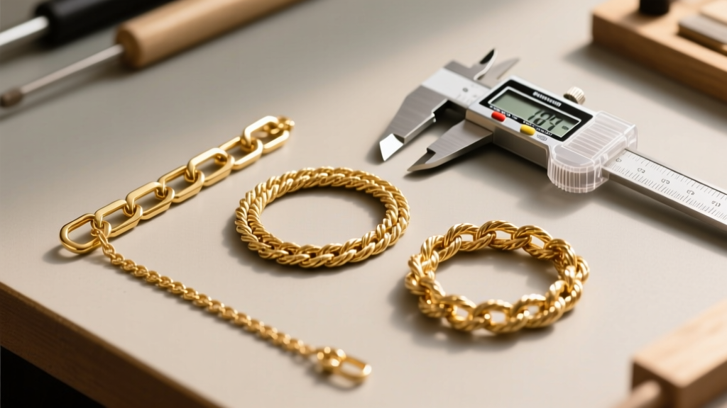 Top-down view of a workbench showing three delicate gold chains, including box, cable, and rope styles, beside digital calipers.