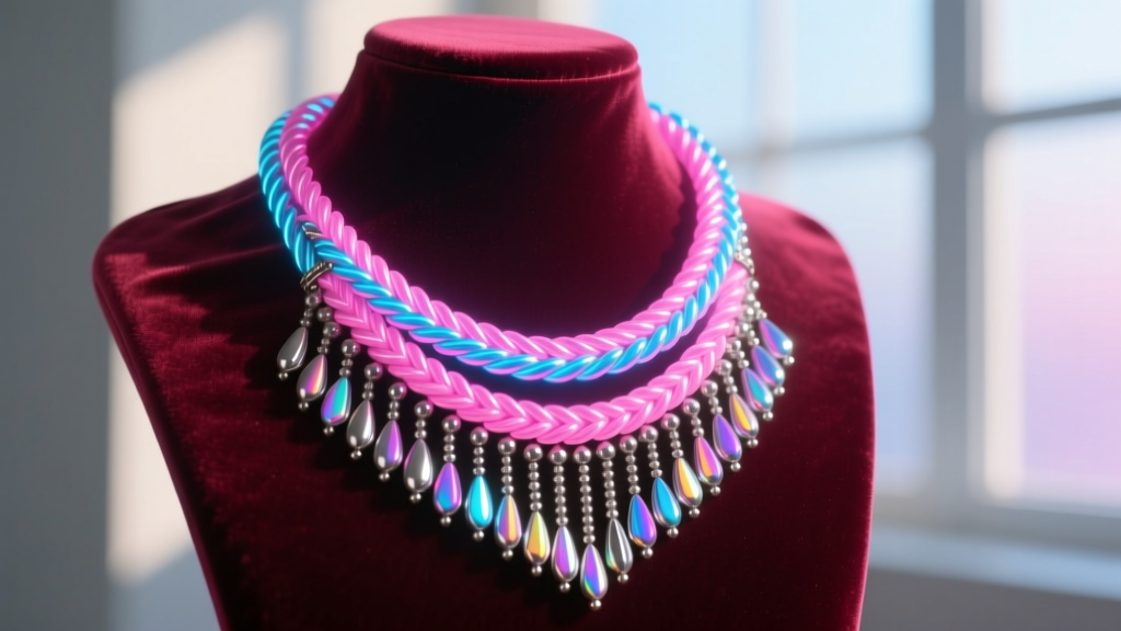 Vibrant cyber-Y2K style tubular herringbone rope necklace with long metallic-lined seed bead fringe, draped over velvet bust.