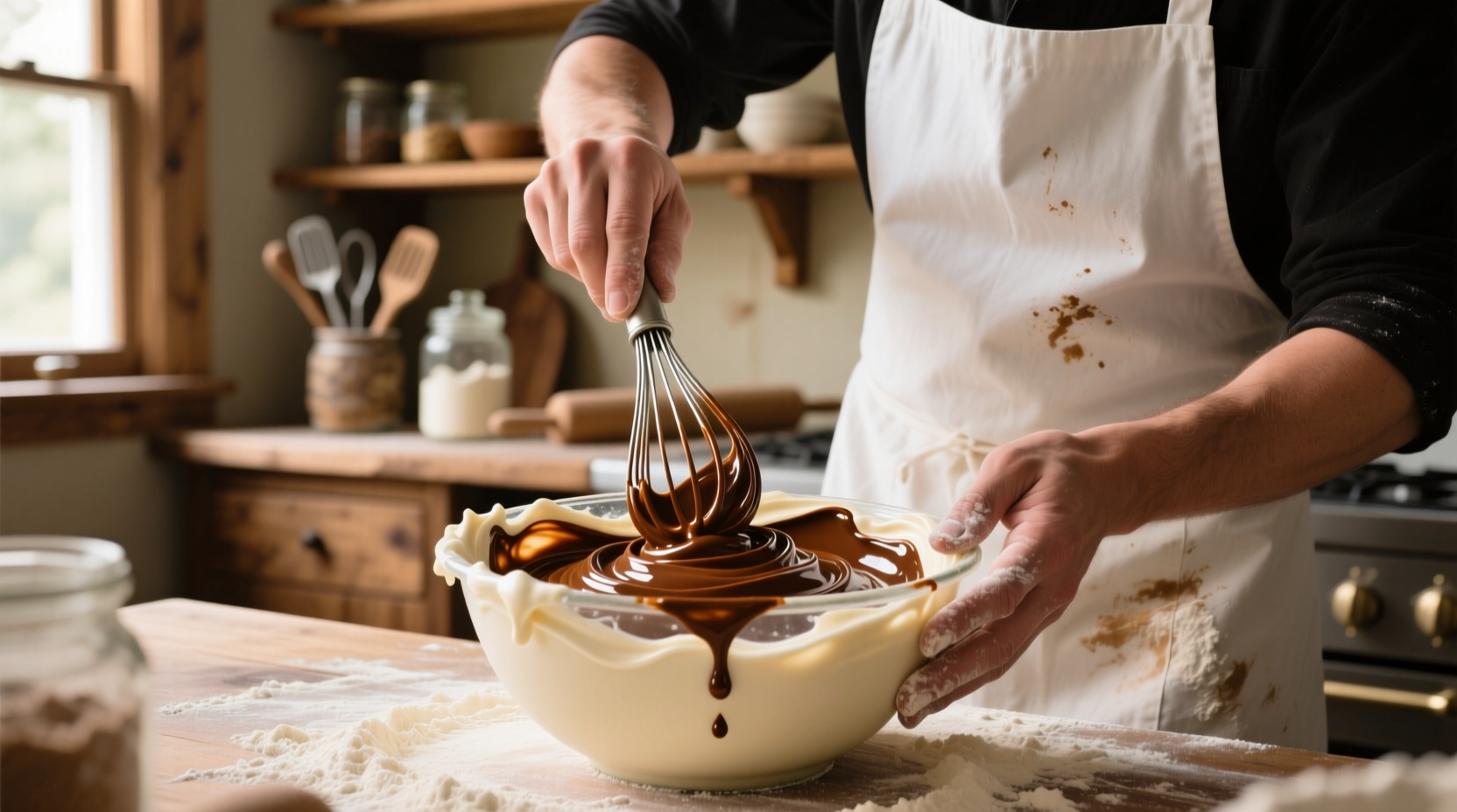 Professional baker mixing brown food coloring in frosting