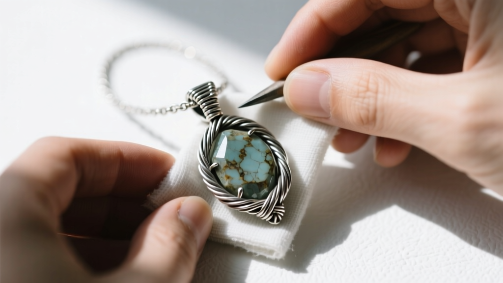 Hands gently polishing an oxidized sterling silver wire wrapped pendant with a microfiber jeweler