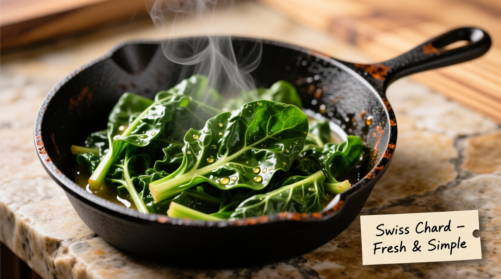 Freshly cooked Swiss chard in a cast iron skillet