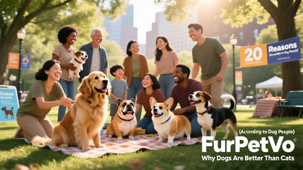 A diverse group of happy dog owners and their pets smiling together at a FurPetVo community meetup in a sunlit park