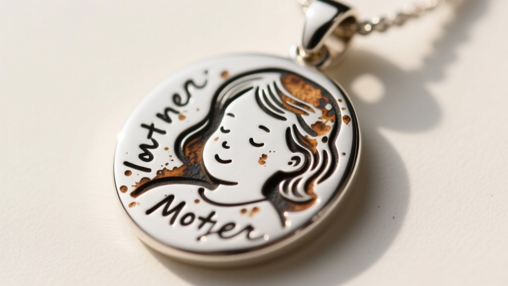 Macro shot of an engraved silver mama pendant showing child handwriting, highlighting deep oxidation in the carved letter grooves