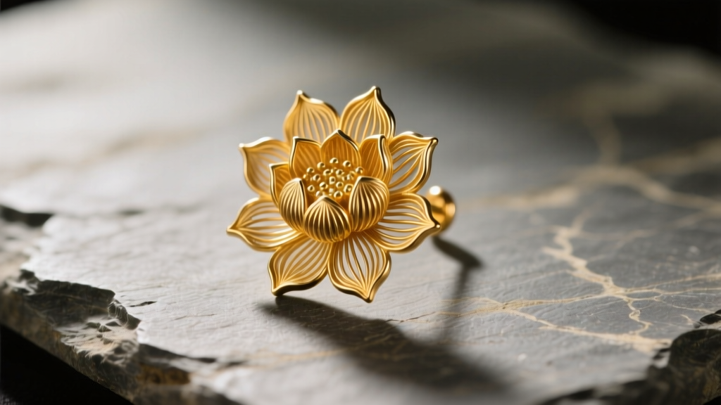Macro shot of a Song Dynasty gold filigree earring on slate, warm lighting highlighting lotus wirework details and metal textures