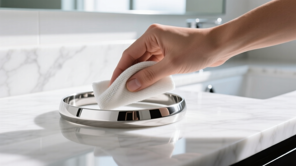 Hands wiping a 316L steel choker with a microfiber cloth against a bright marble bathroom countertop in natural morning light.