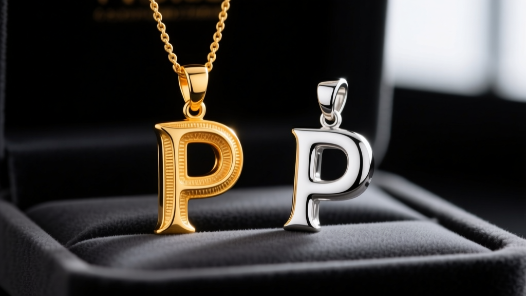 Macro shot comparing a 14k yellow gold P pendant and a rhodium-plated sterling silver P pendant on a dark velvet display pad.