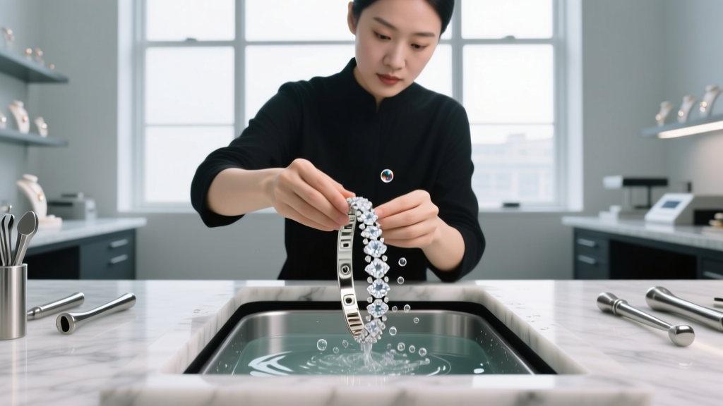 Jeweler using an ultrasonic cleaner to wash a white gold diamond bracelet in a brightly lit, professional jewelry workshop space.