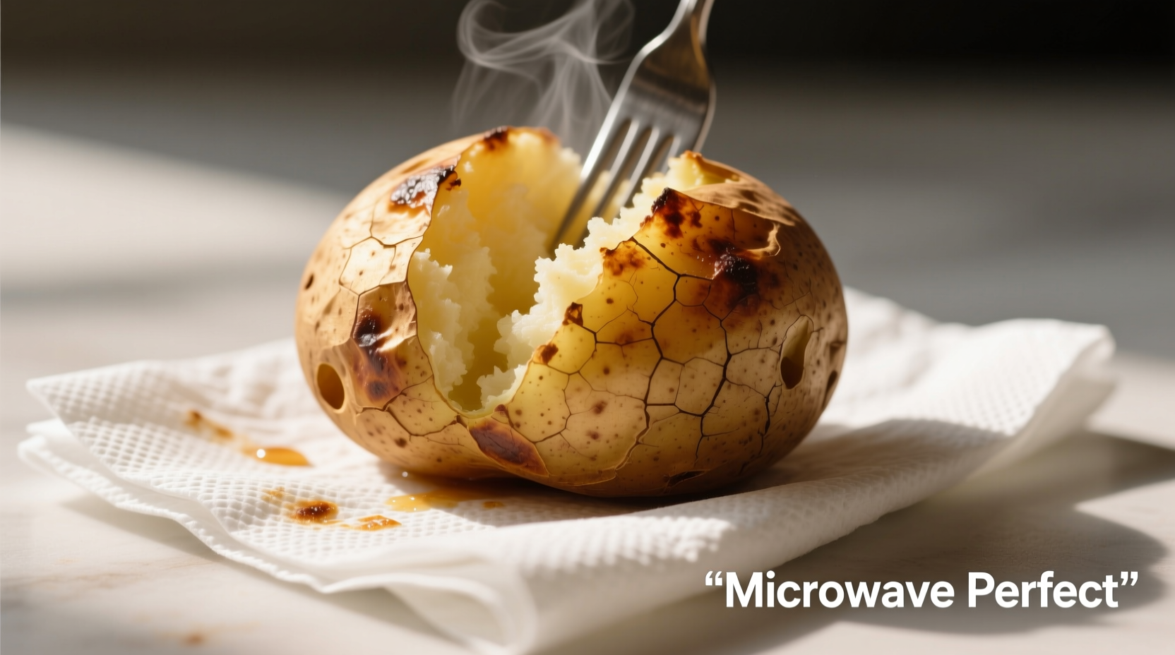 Perfectly cooked microwave baked potato with paper towel