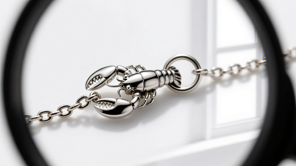 Loupe view of a James Avery lobster clasp and jump ring on a 1.2mm rolo chain, highlighting the secure locking mechanism.