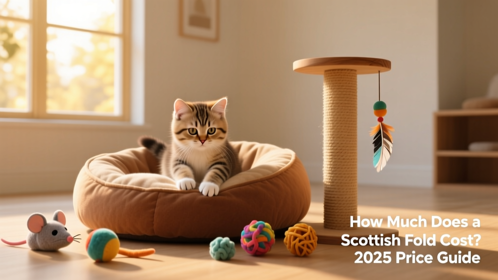 A neatly arranged setup in a sunlit room: a Scottish Fold kitten exploring a plush cat bed beside a sturdy scratching post and a set of colorful, safe toys