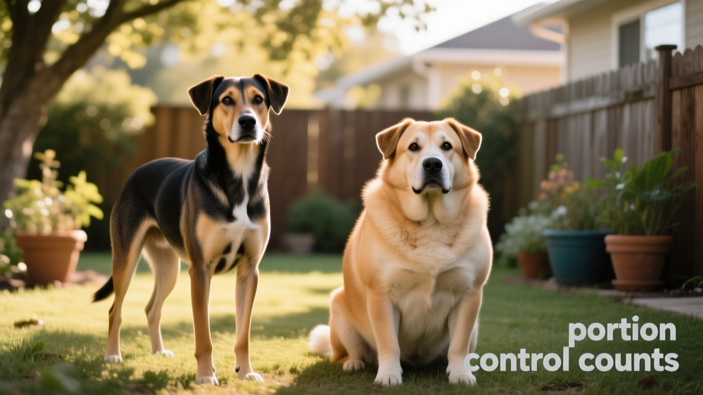 Side-by-side comparison showing a healthy-weight dog with visible waistline next to an overweight dog with no waist definition