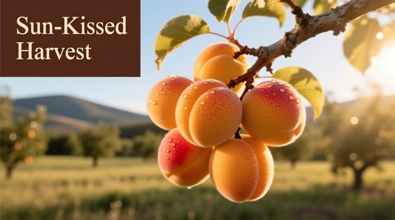Ripe apricots on tree with golden sunlight