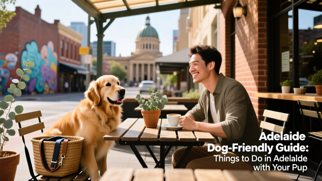 A relaxed dog and owner enjoying outdoor dining at a sunny, dog-friendly restaurant in Adelaide