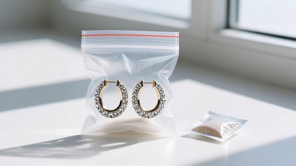 A pair of crystal-studded Liz Claiborne hoop earrings sealed inside a small anti-tarnish ziplock bag next to a silica gel packet