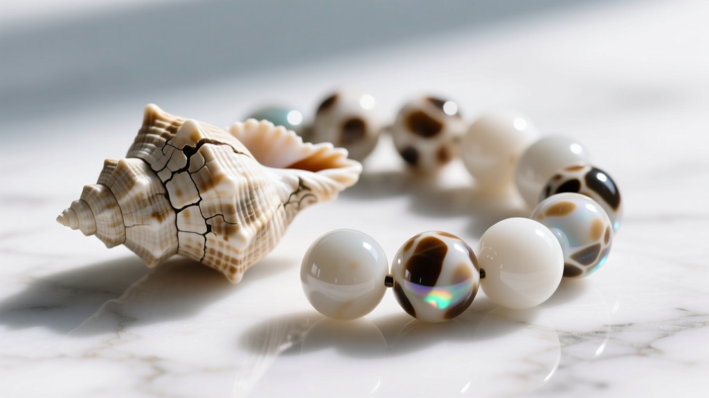 Macro view of genuine asymmetrical puka shell beads next to round resin imitation beads on white marble, showing natural textures