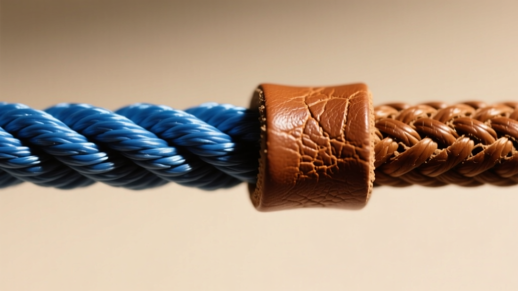 Macro shot comparing the tight woven texture of a nylon necklace rope cord against the porous grain of genuine brown leather cord