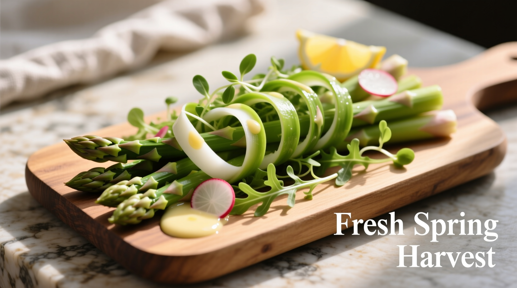 Thinly sliced asparagus ribbons in spring salad