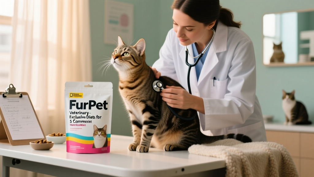 Veterinarian gently examining a cat during a wellness check, with FurPetVo packaging visible on the exam table