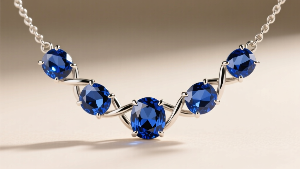 Side profile of a sapphire tennis necklace showing four-prong platinum settings and flexible articulated links between the gemstones