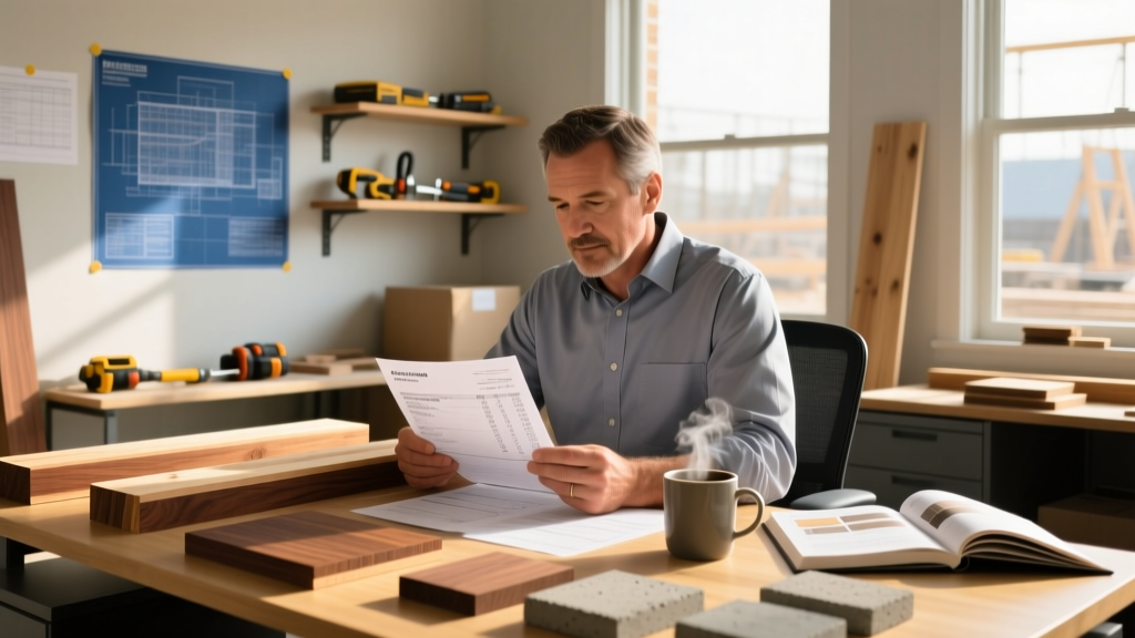 Commercial contractor reviewing lumber and masonry material invoices and pricing sheets from a regional building supplier at a busy construction site office