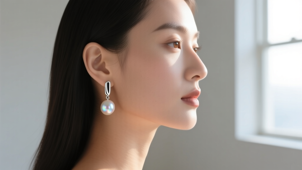 Side profile of a woman wearing B. David freshwater pearl and silver drop earrings, highlighting soft luster against her jawline
