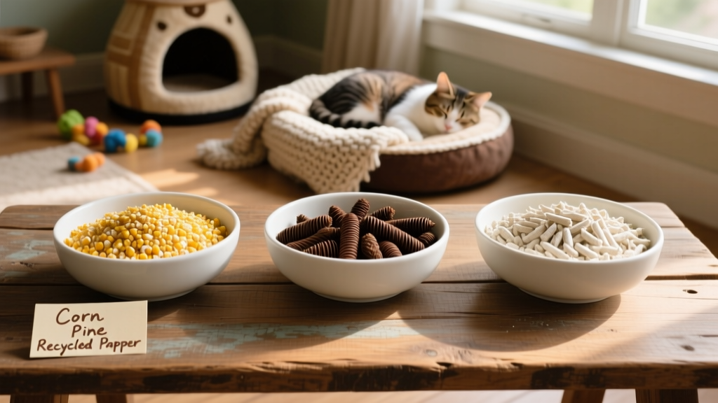 Side-by-side comparison of different biodegradable litters: corn, pine pellets, and recycled paper pellets in separate bowls