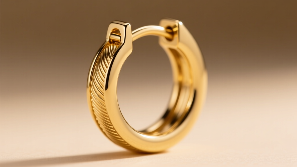 Macro shot of a hinged snap clasp on a 10k gold hollow hoop earring, showing the tiny groove and latch mechanism in sharp detail