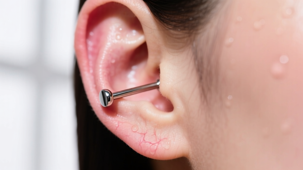 Close-up of a fresh earlobe piercing with a titanium stud, soft studio lighting highlighting clean skin around the metal post.