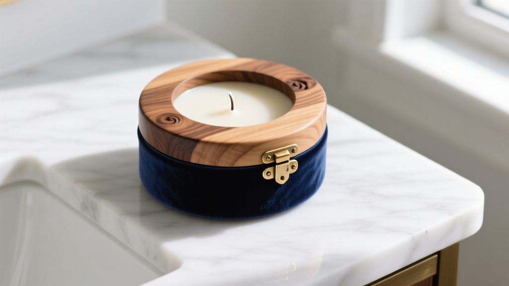 Overhead flat-lay of an upcycled wooden candle lid jewelry box lined with navy anti-tarnish velvet on a white marble vanity