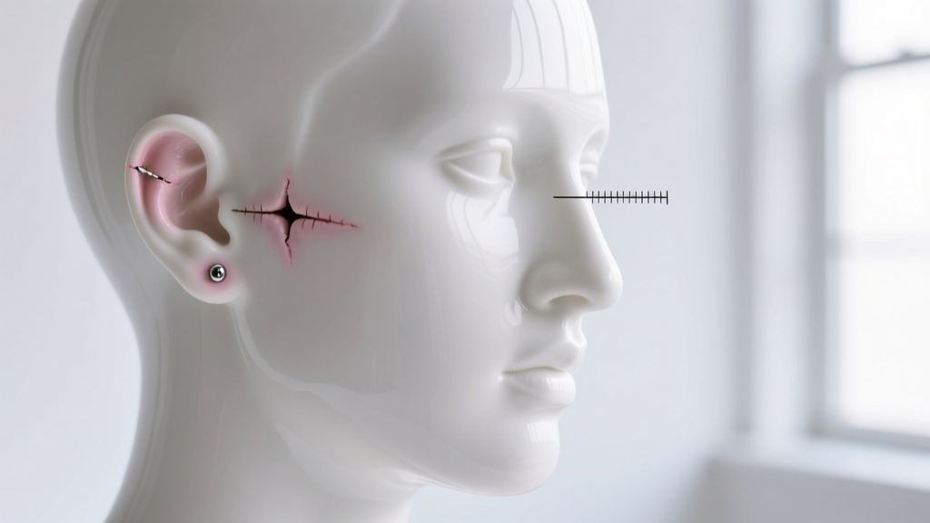 Macro shot of digital calipers measuring the millimeter distance between two healed earlobe piercings on a white ceramic bust.
