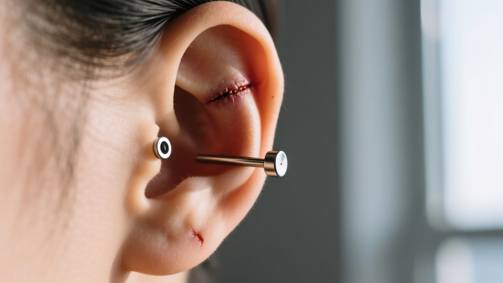 Side view of a healed helix piercing wearing a 6mm flat-back titanium labret, showing a flush fit against the upper ear cartilage.