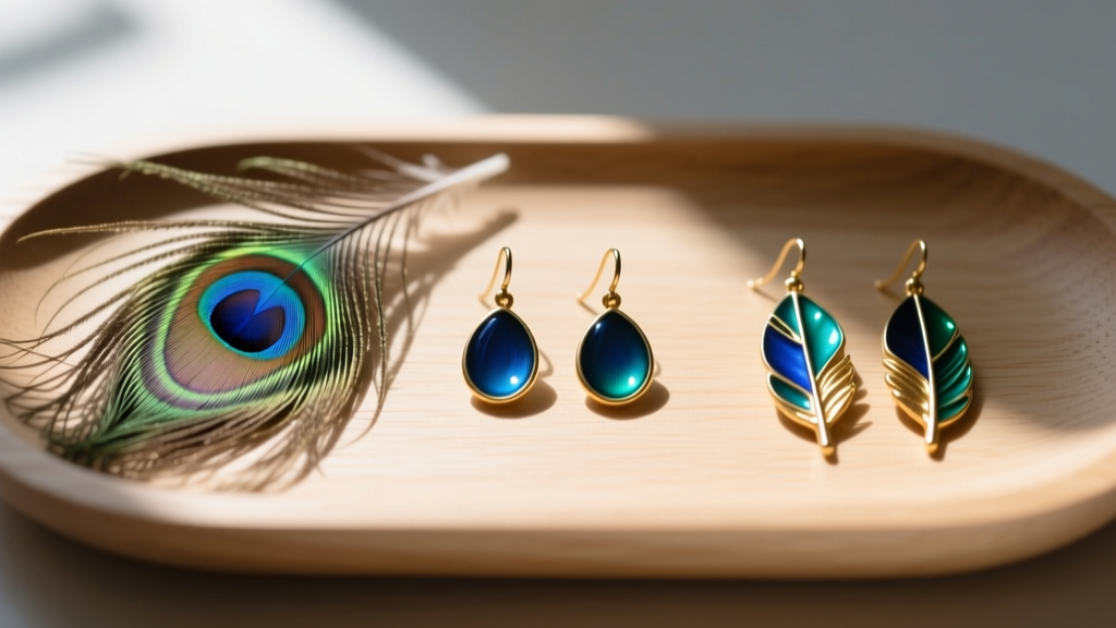 Macro shot of a frayed real peacock feather earring beside pristine enamel feather drops on a wooden jeweler's workbench.