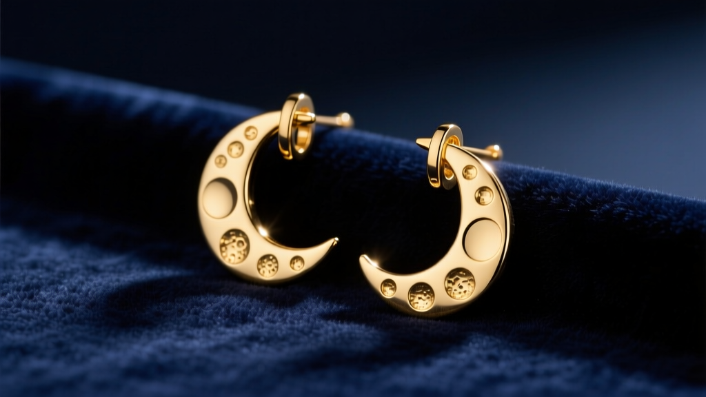 Elegant 14k solid gold crescent moon phase drop earrings resting on dark navy velvet, illuminated by soft moody studio lighting