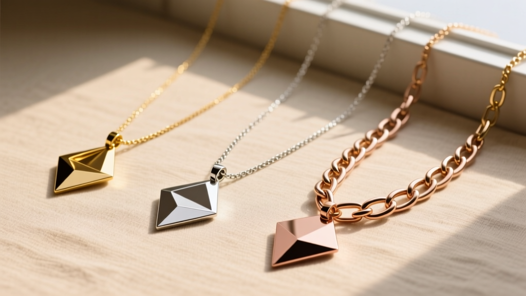 Flat lay of three asymmetrical dangle necklaces in mixed metals featuring off-center geometric drops and varied chain link sizes