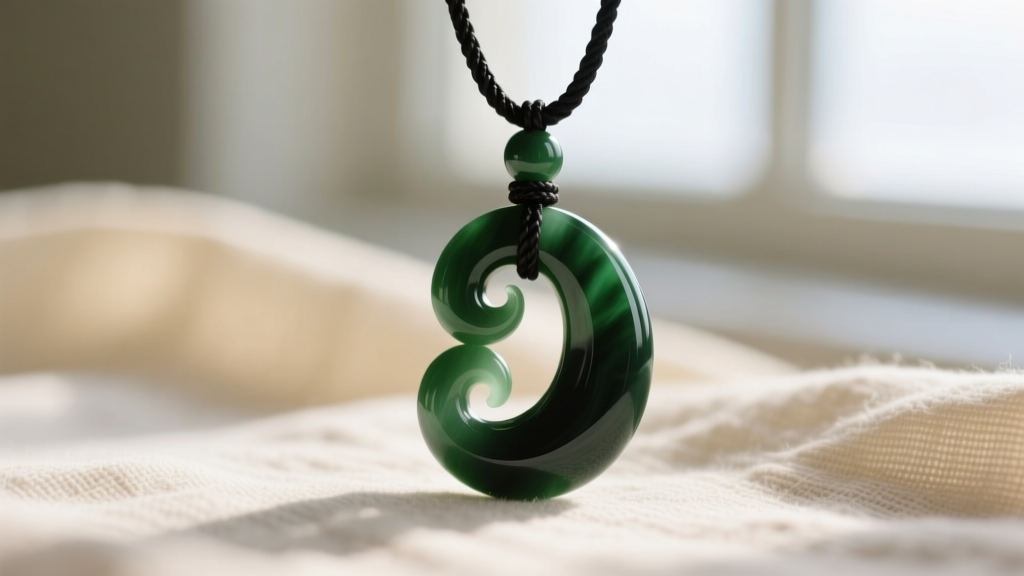 Close-up of polished dark green Kawakawa pounamu hei matau pendant on black waxed cotton cord against a blurred linen background