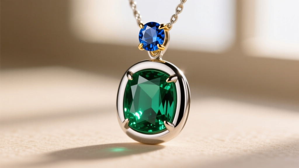 Macro shot of a bezel-set lab-created emerald and prong-set sapphire pendant, highlighting the metal rim and prong tips.