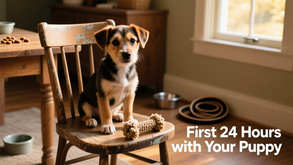 A curious terrier-mix puppy sitting upright on a wooden chair, looking attentively at the camera with a chew toy nearby